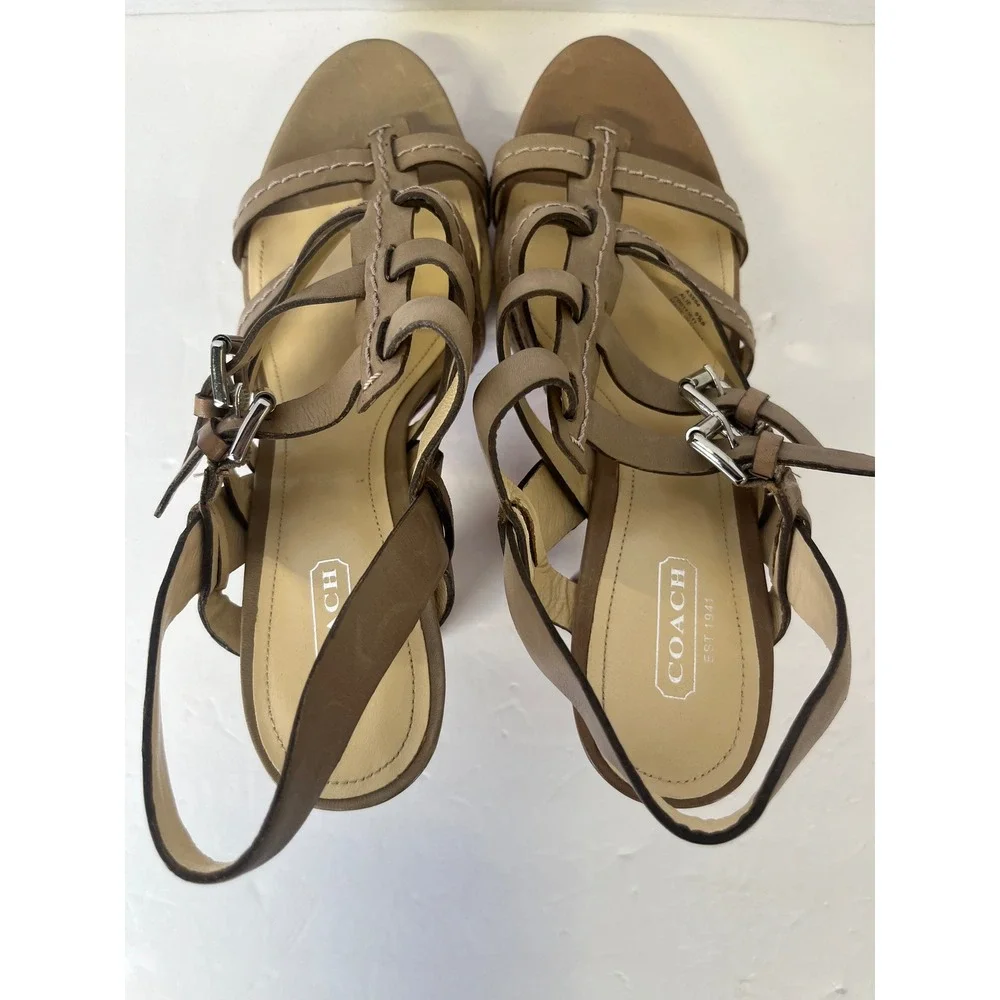 Coach Alie A0384 Taupe Brown Leather Strappy Platform‎ Block Heel Sandals 9.5B
